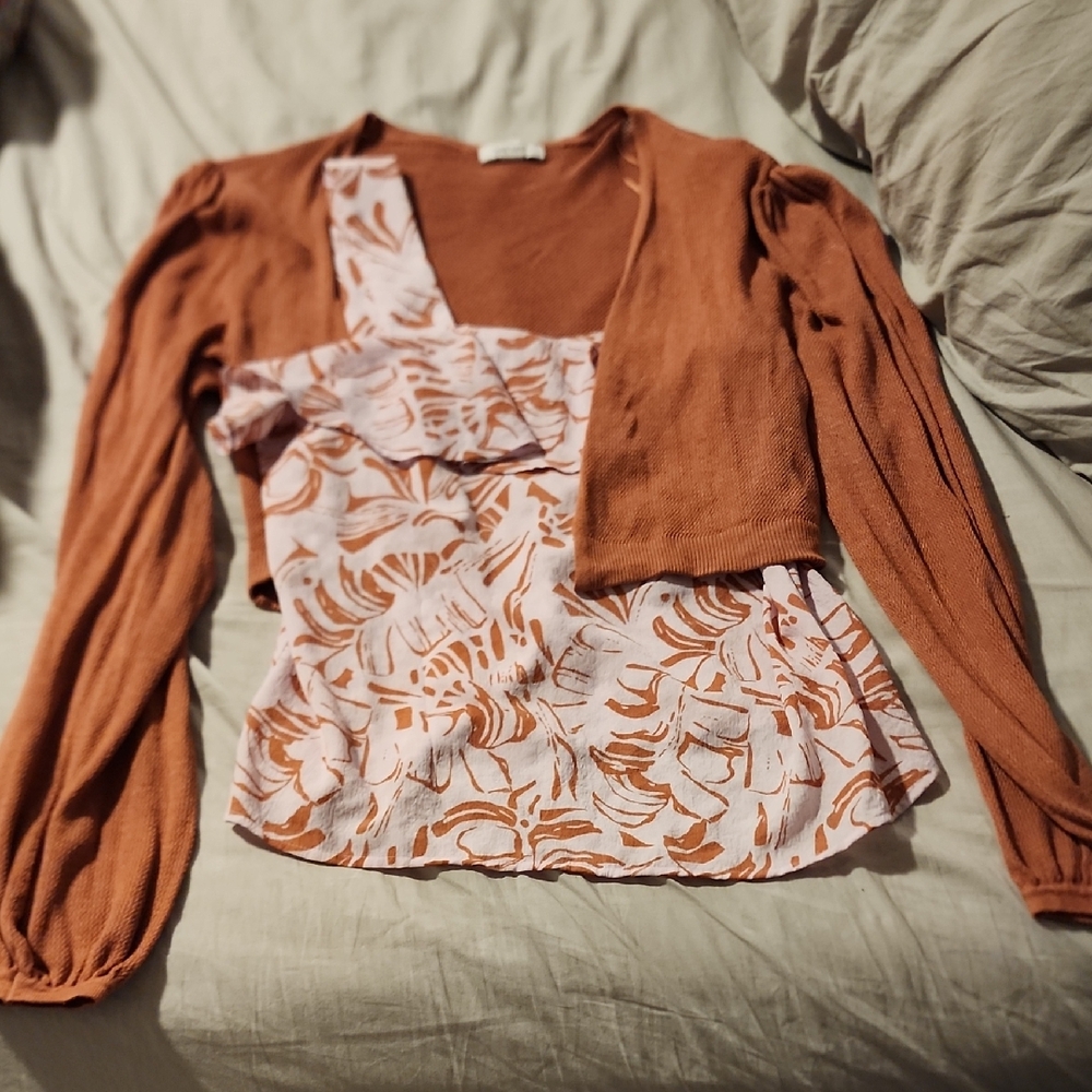 Nine West Rust Cardigan with Floral Blouse